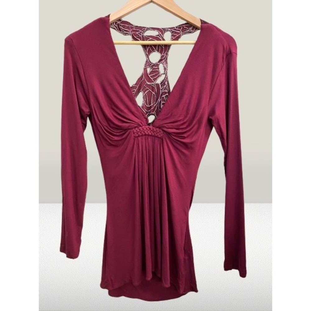 NEW Sky V-Neck Braided Lace Racerback Top Burgundy Medium - Picture 2 of 4